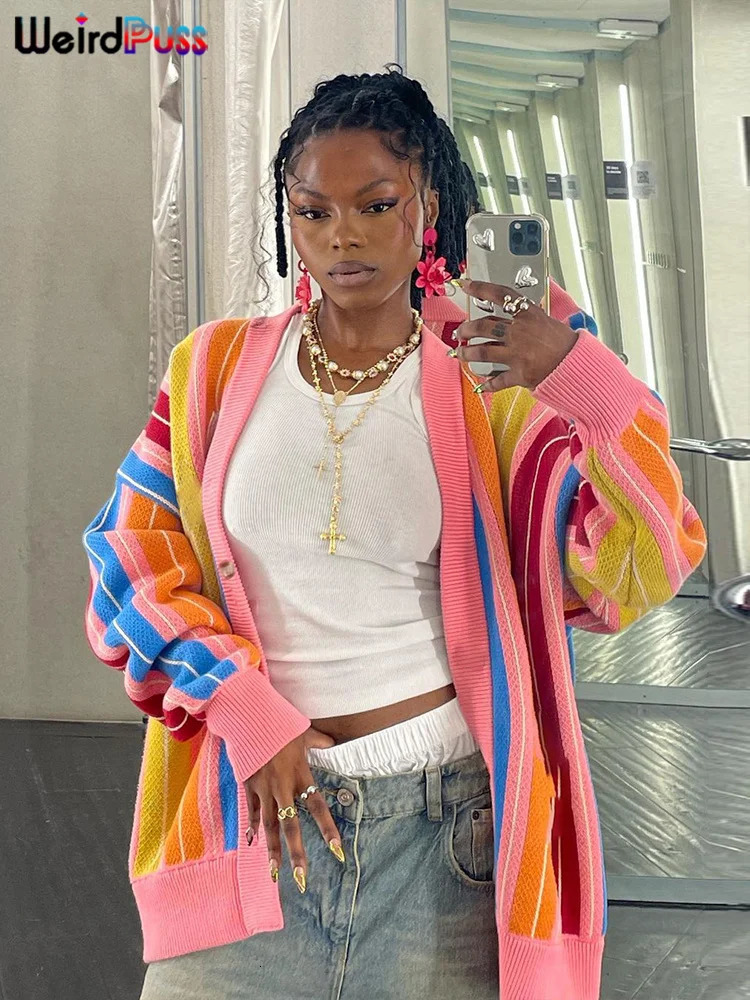 Weird Puss Colorful Striped Women Cardigan Sweater Winter Long Sleeve Single-Breasted Y2K Hipster Streetwear Wild Loose Coat 240808CJ