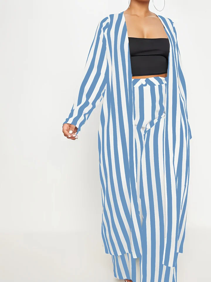 Plus Size Long Sleeve Black White Striped Set African Clothes High Waist Wide Leg Pants Two Piece Set Elegant OL Ladies Clothing 240813