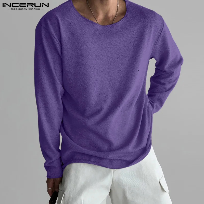Mens casual T-shirt O-neck long sleeved solid color breathable mens clothing street clothing 2024 fashionable mens shirt S-5XL INCERUN240807