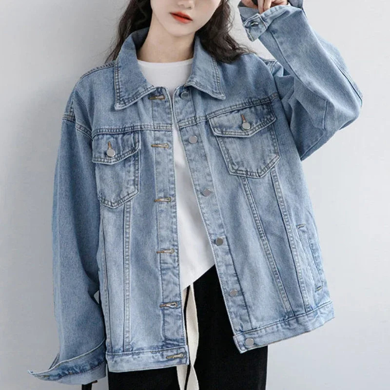 Vintage Women Jacket Autumn Winter Oversize Denim Jackets Washed Blue Jeans Coat Turn-down Collar Outwear Bomber Jacket 240812