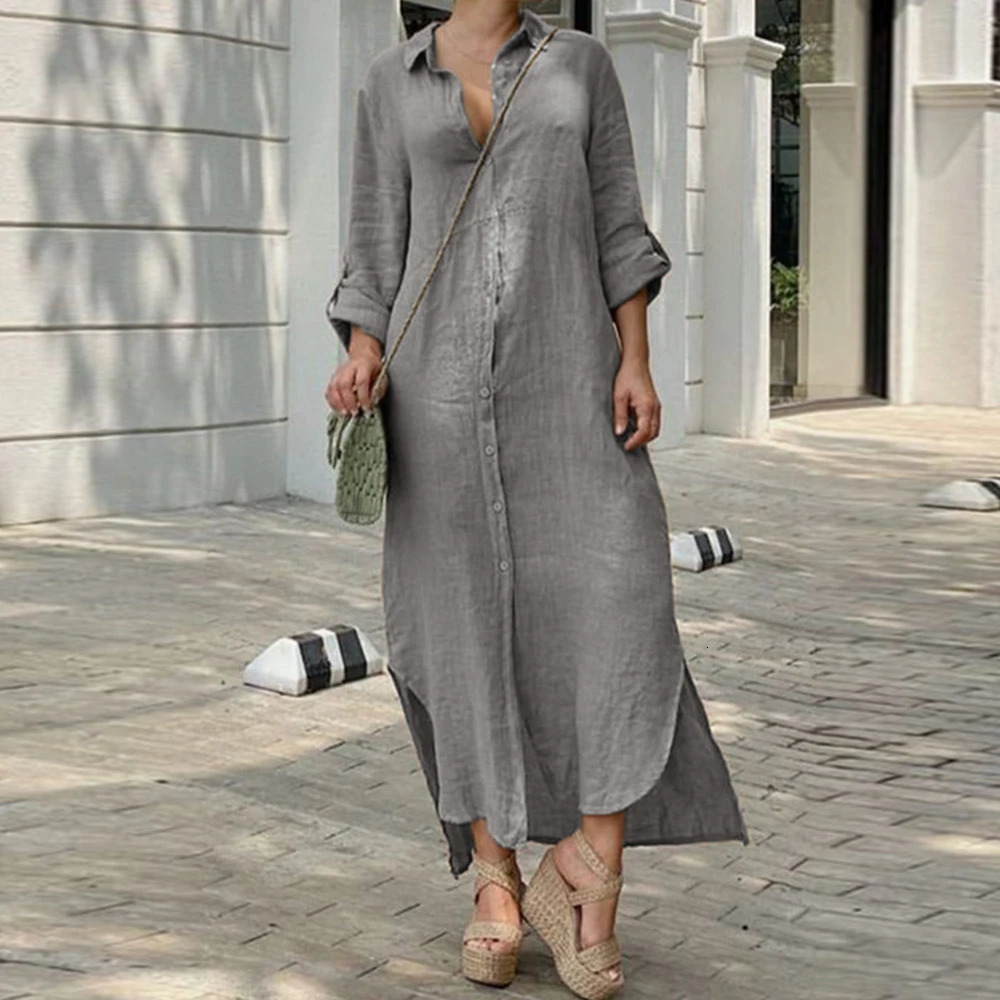 Plus Size Cotton Linen Long Dress for Women Clothing Autumn Oversize Vestido Shirt Dress Female Loose White Black Skirt 240808