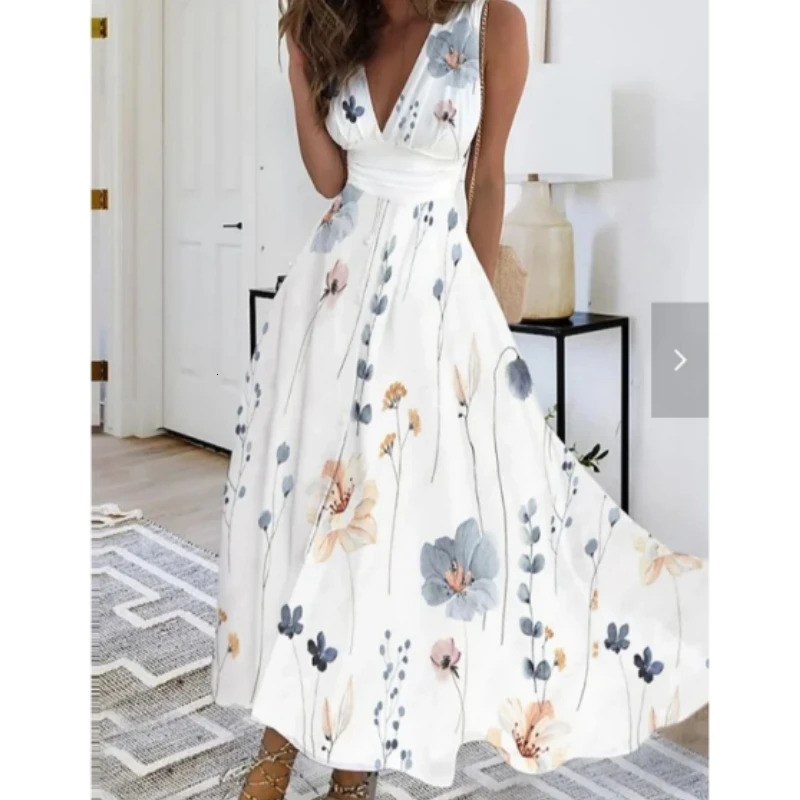 Elegant Womens Mid Length Dresse Summer Fresh V-neck High Waist Sleeveless Printed Sexy Dress S-5XL 240808