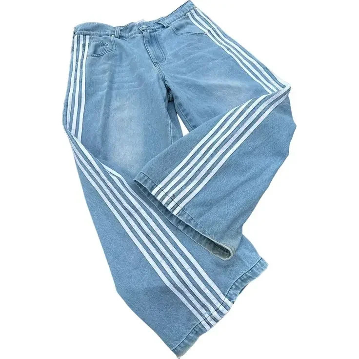 Classic Side Stripe Baggy Jeans Y2k High Waisted Wash Blue Women Denim Pants Korean Fashion Casual Straight Men Clothing y240810