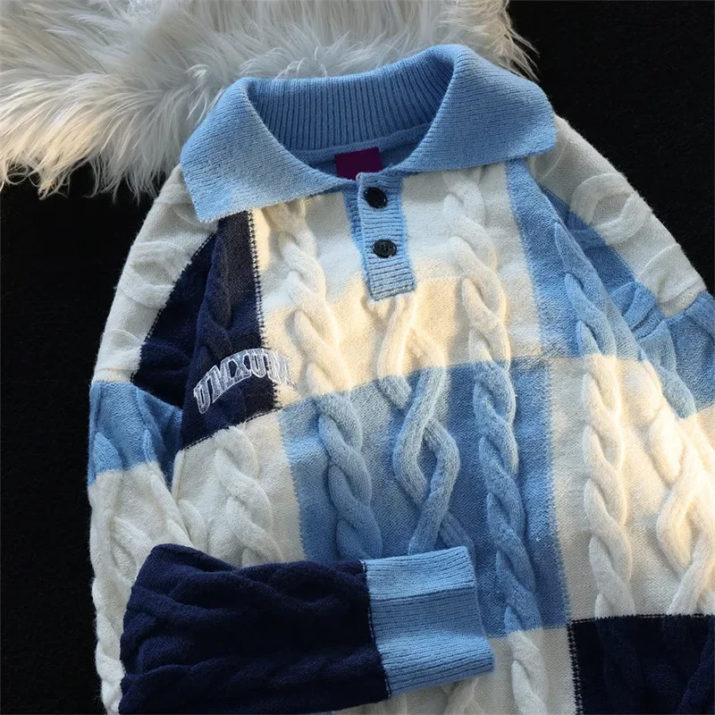 HOUZHOU Vintage Plaid Green Knitted Sweater Men Checked Pullover Y2K Blue Sweaters Mens Winter Harajuku Japanese Streetwear 240808