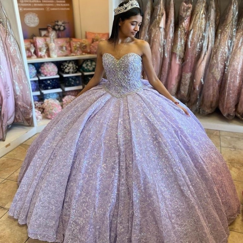 Lavender Sparkly Sweetheart Quinceanera Dresses Ball Gown Off The Shoulder Beads Crystal Appliques Bow Sweet Vestidos De 15 Girls
