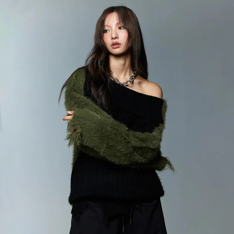 Karrcat Grunge Aesthetics Distressed Sweater Vintage Off Shoulder Knitted Pullover Korean Fashion Irregular Patchwork Knitwear 240808