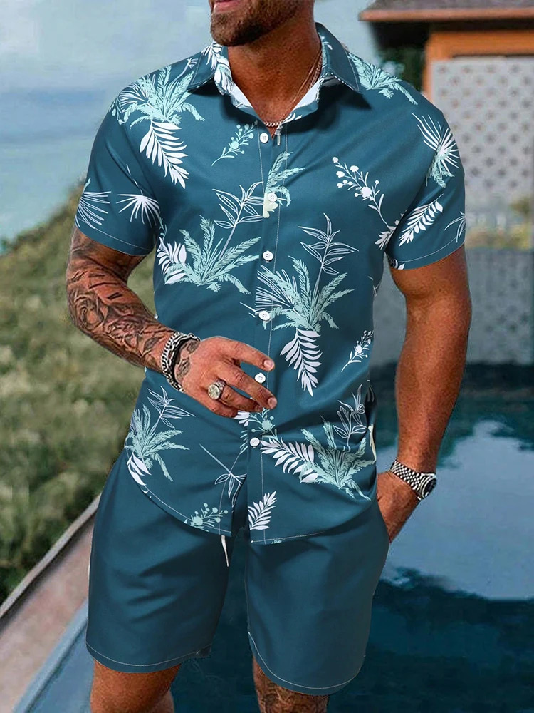 Mens Hawaiian Short sleeved and Beach Shorts Set Beach Resort el Mens Casual Summer Shirt Daily Mens Sports Shorts240807