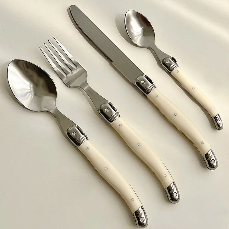 24Pcs Laguiole Cutlery Set Steak Knife Fork Soup Tea Spoon Ivory White Plastic Handle Food Grade Stainless Steel Dinnerware 240808