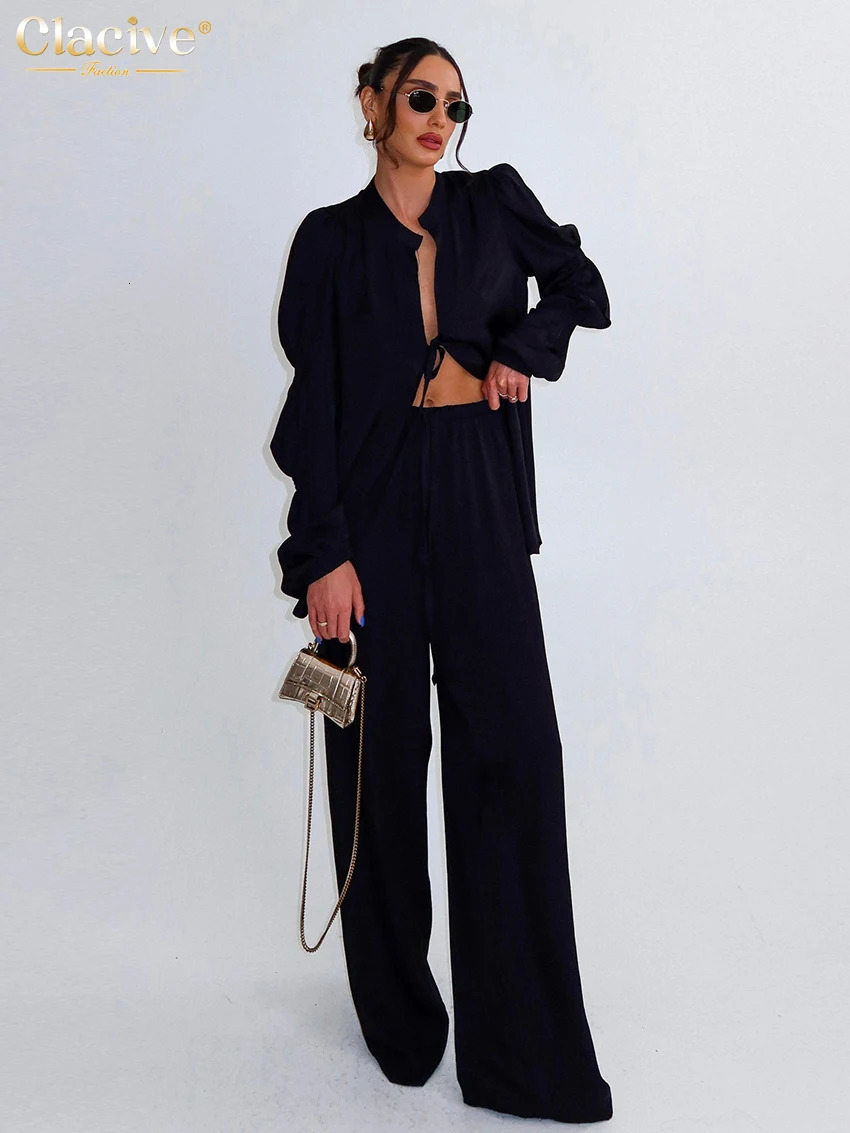 Clacive Sexy Loose White Womens 2 Piece Outfit Set 2024 Fashion Long Sleeve Lace-Up Shirt With High Waist Wide Pants Set Female 240813