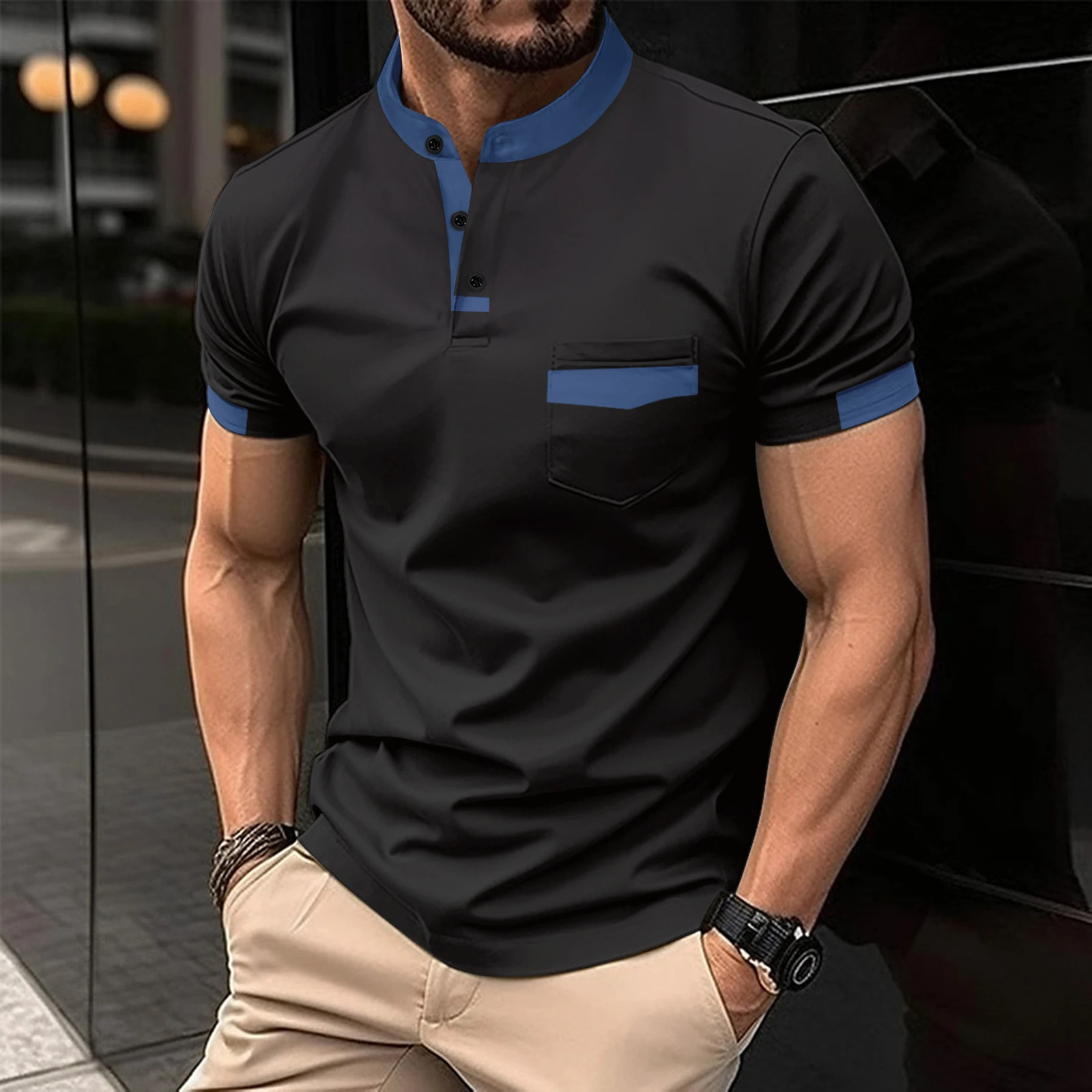 European and American mens polo shirt travel casual short sleeved stand up collar color matching 240828