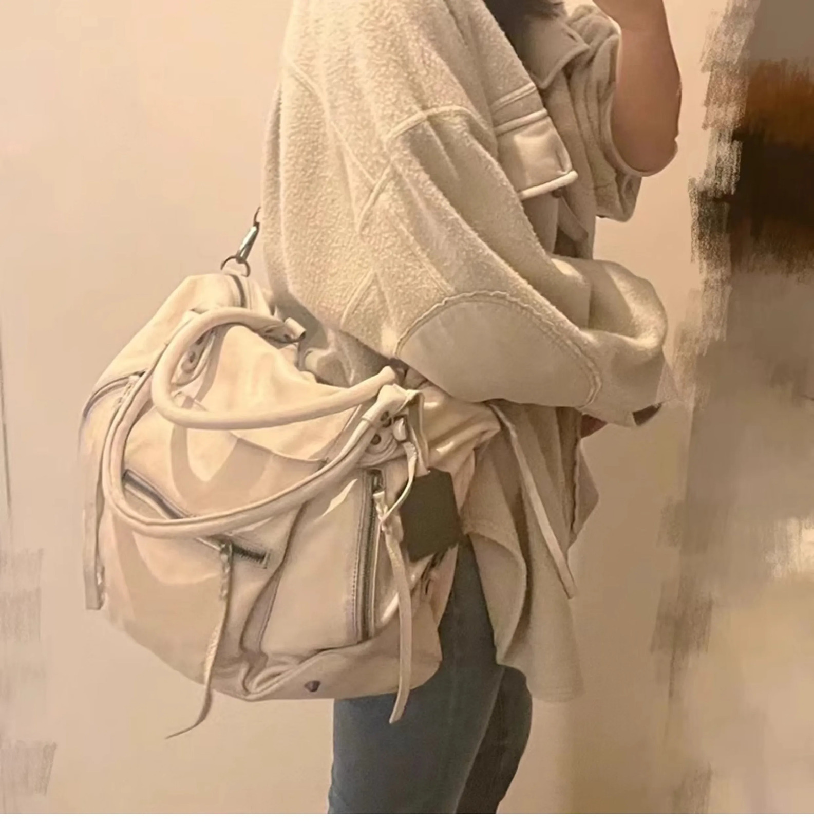 JIAERDI Girls White Tote Bag Women Vintage Leather Soft Large Capacity Handbag Messenger Bag Female Y2k Grunge Shoulder Bags 240808