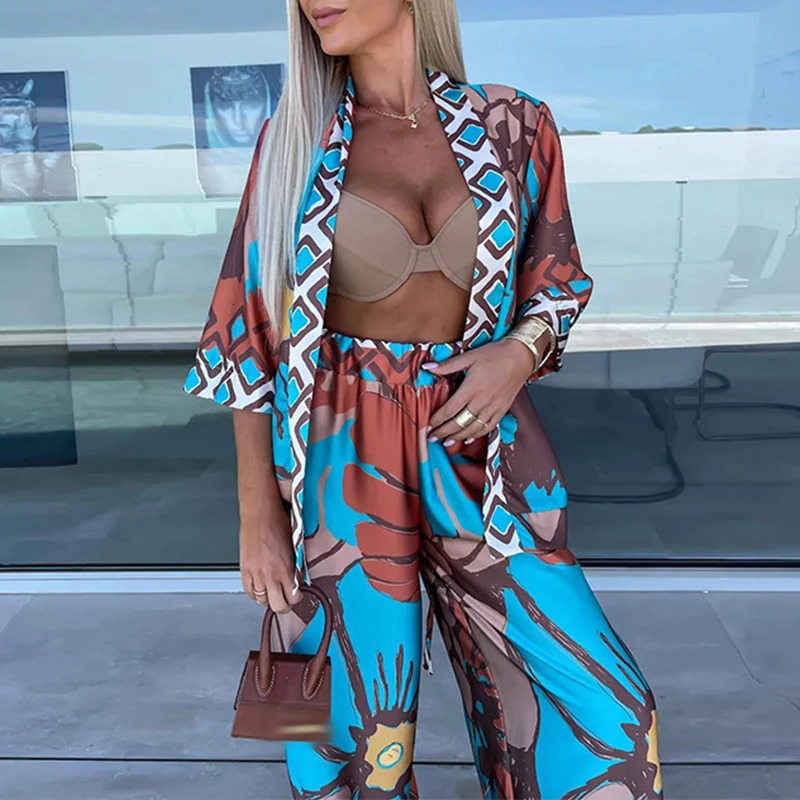 Casual Loose Holiday Two Piece Sets Womens V-neck Cardigan Tops with Long Pants Suits 2024 Spring Vintage Printed Beach Outfits 240813