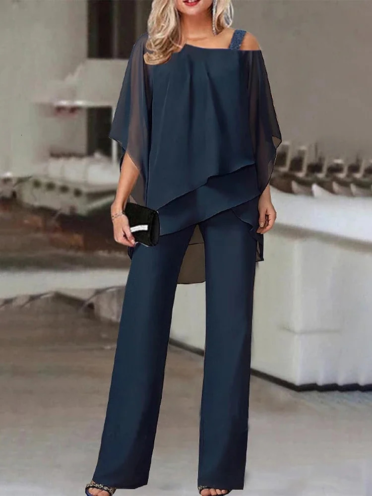 Matching Collection Fashion Womens Bat Sleeve Top Casual Off Shoulder Party Elegant Wide Leg Pants Womens Two Piece Set 240813