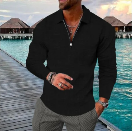 Mens spring and autumn large size long sleeve lapel zipper high-grade casual shirt POLO shirt 240814