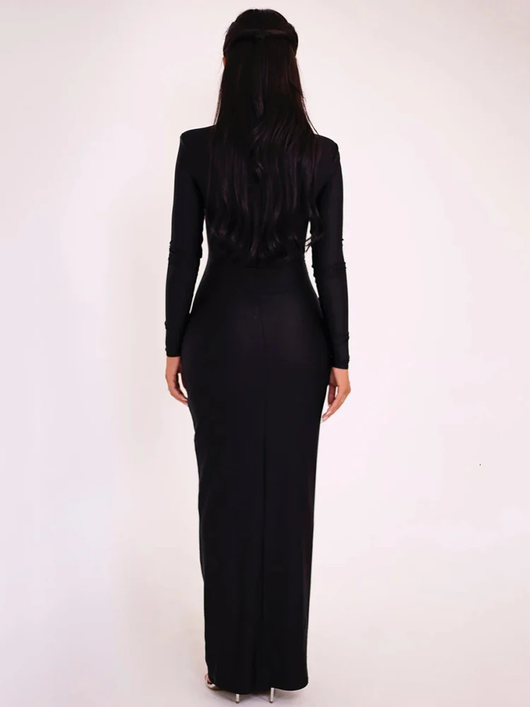 Mozision Elegant Hollow Out Long Sleeve Sexy Maxi Dress For Women Solid Color Slim Fit Cut Out Club Party Long Dress 240808