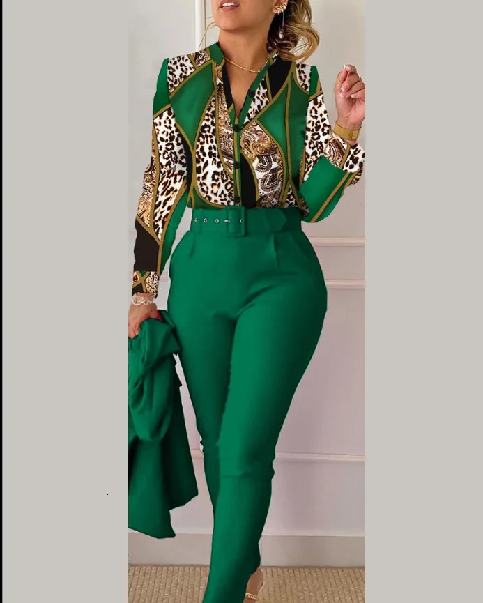 Elegant Women Printed Two Piece Suit Sets Autumn Winter V Neck Long Sleeve Shirt Top Long Pants Set With Belt Workwear Outfits 240813
