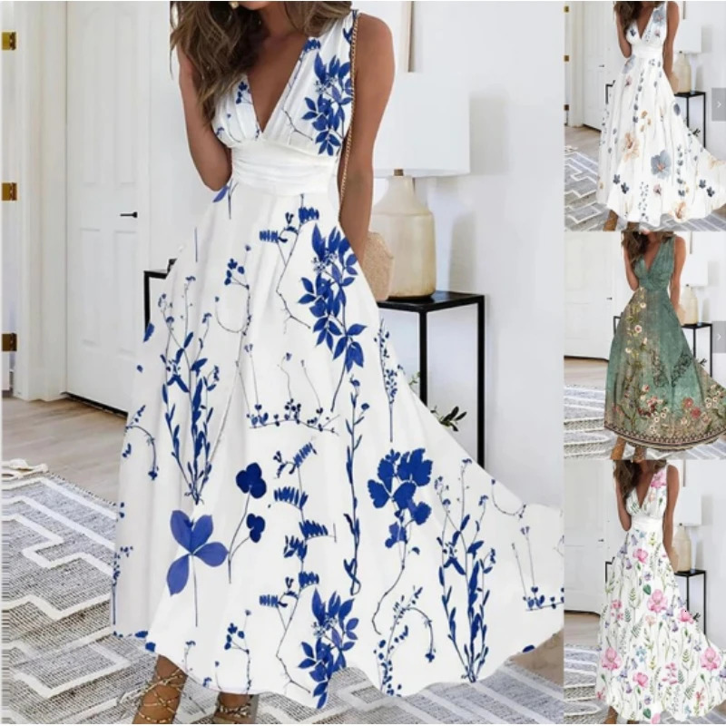 Elegant Womens Mid Length Dresse Summer Fresh V-neck High Waist Sleeveless Printed Sexy Dress S-5XL 240808