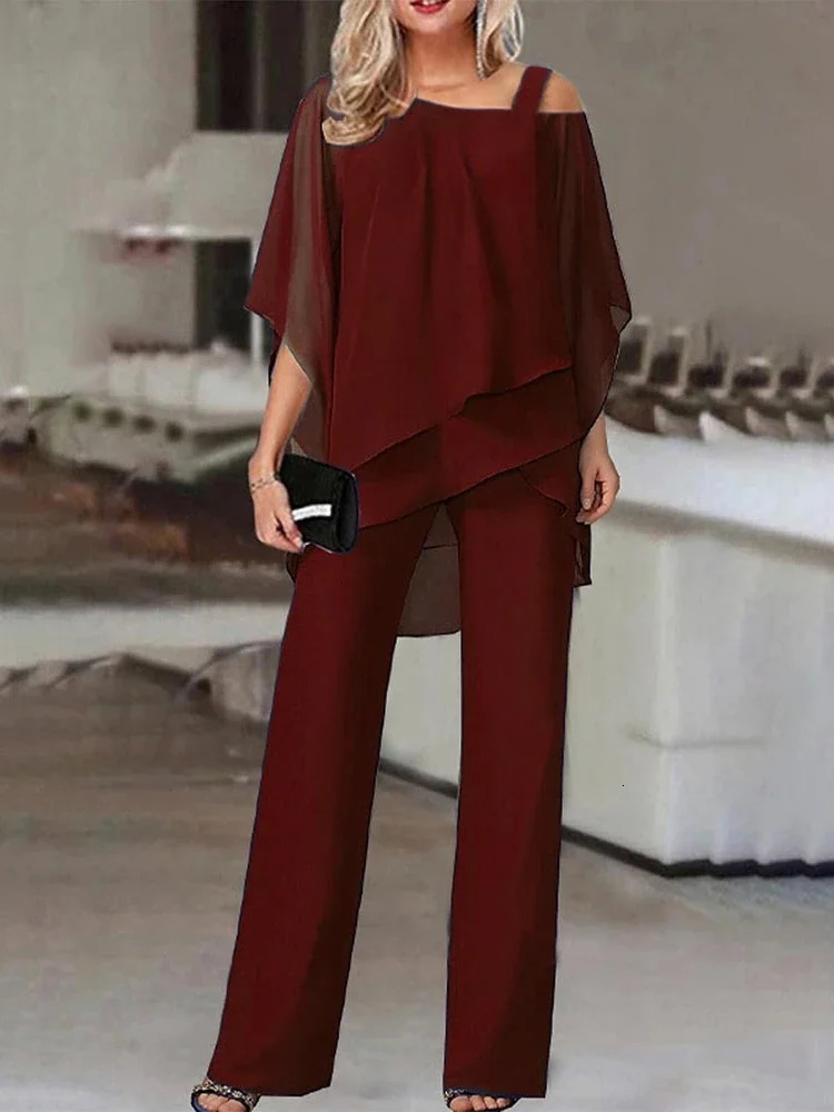 Matching Collection Fashion Womens Bat Sleeve Top Casual Off Shoulder Party Elegant Wide Leg Pants Womens Two Piece Set 240813