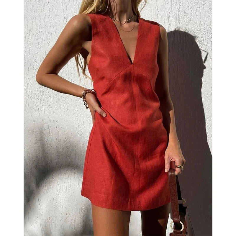 Vintage Linen Womens Dress Summer 2024 Sexy V-neck Short Beach Streetwear Dresses Mini Female Clothing Sundress Vestido 240808