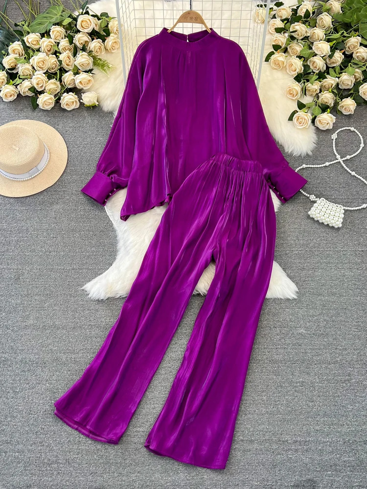 XFPV Women Loose Stand Collar Lantern Sleeve Solid Color Korean Version Coat Wide Leg Pants Two Piece Set Autumn 2024 SM9811 240813
