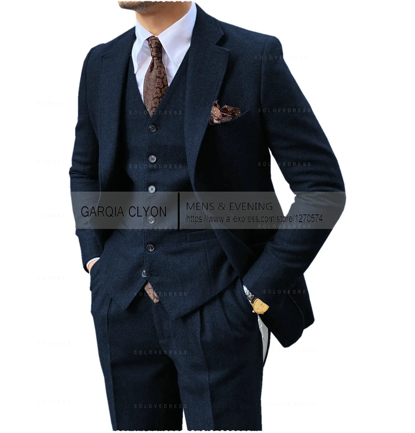 Herringbone Tweed Men's 3-Piece Business Slim Fit Suits For Groomsmen Wedding