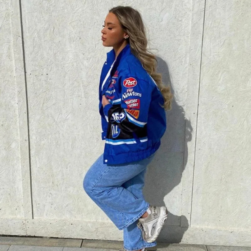 Autumn Varsity Jacket Long Sleeve Motorcycle Jacket Racing Baseball Jacket Women Y2k Printed Casual Loose Coat Single-breasted 240808