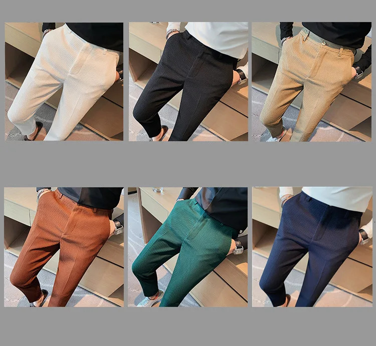 Fashion Business Casual Mens Pants Cropped Pants Waffle Pattern Trend Spring Summer Casual Trousers Dark Green White 28-38 240807