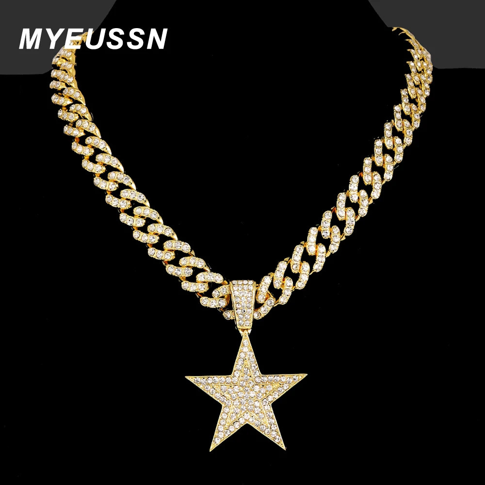 Hip hop gold mens pentagram pendant necklace ice water diamond star womens charm bijoux gift 240807