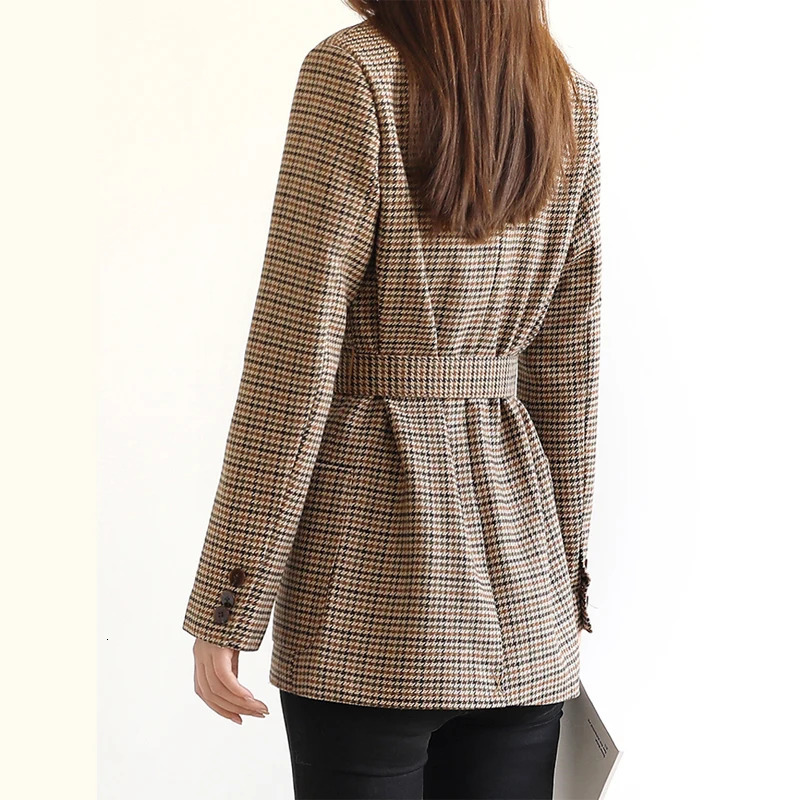 BGTEEVER Vintage Houndstooth Winter Thick Women Jacket Blazer Sashes Plaid Female Suit Jacket with belt Long Sleeve blaser 240808