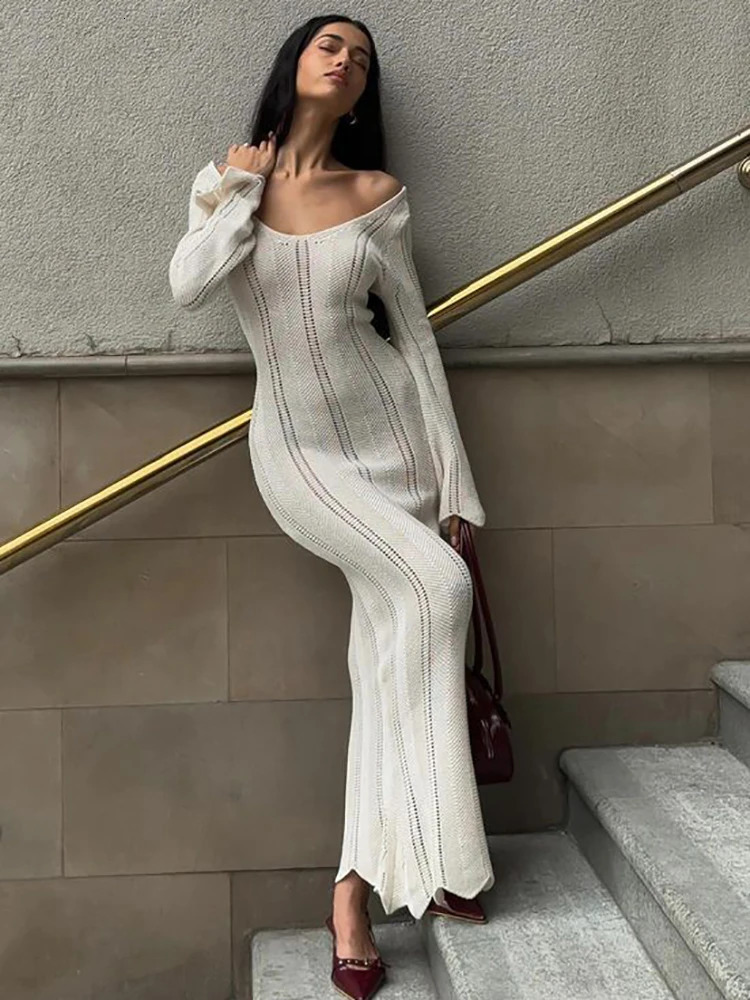 Fantoye Knitted Sexy Hollow Out Maxi Dress For Women Black Long Sleeve Off Shoulder Dress Female Slim Elegant Vacation Beachwear 240808