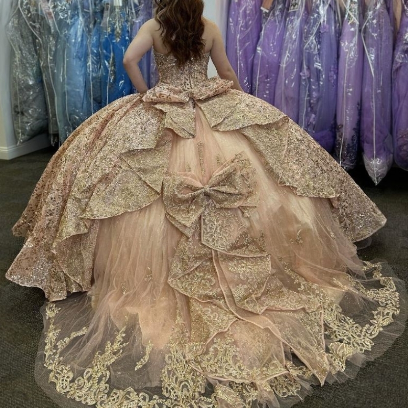 Sparkly Rose Gold Ball Gown Quinceanera Dress With Bow Sweetheart Applique Bead Crystal Birthday Party Sweet 16 Vestidos De 15 Anos