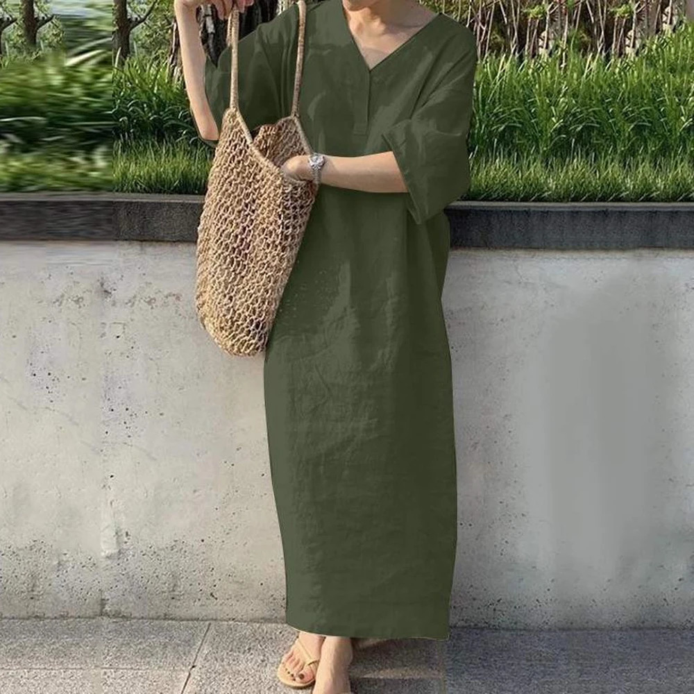 Women V Neck Button Short Sleeve Loose Maxi Dress Summer Female Holiday Beachwear Sand Straight Cotton Linen Party Dress 240808