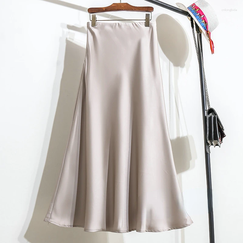 Skirts Womens Long Skirt 2024 Fashion Satin Office Lady Elastic Waist Solid Champagne Purple Red Silk A-LINE For Women