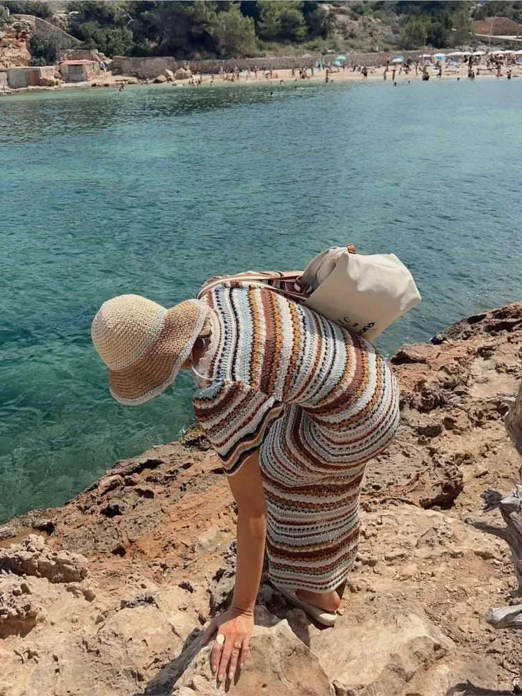 Stripped Knitted O-neck Short Sleeve Midi Dresses Female Crochet Bodycon Vestido Women Fashion Casual Chic Beach Street Robe 240808