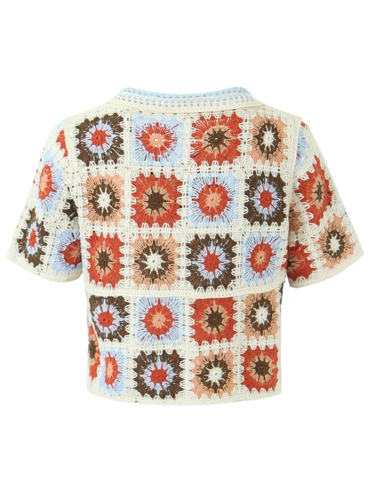 BOHO Hollow Out Crochet Geometric Flower Short Sleeve Cardigan Women Summer Holiday Front Buttons Lapel Sweater Crop Tops 240808