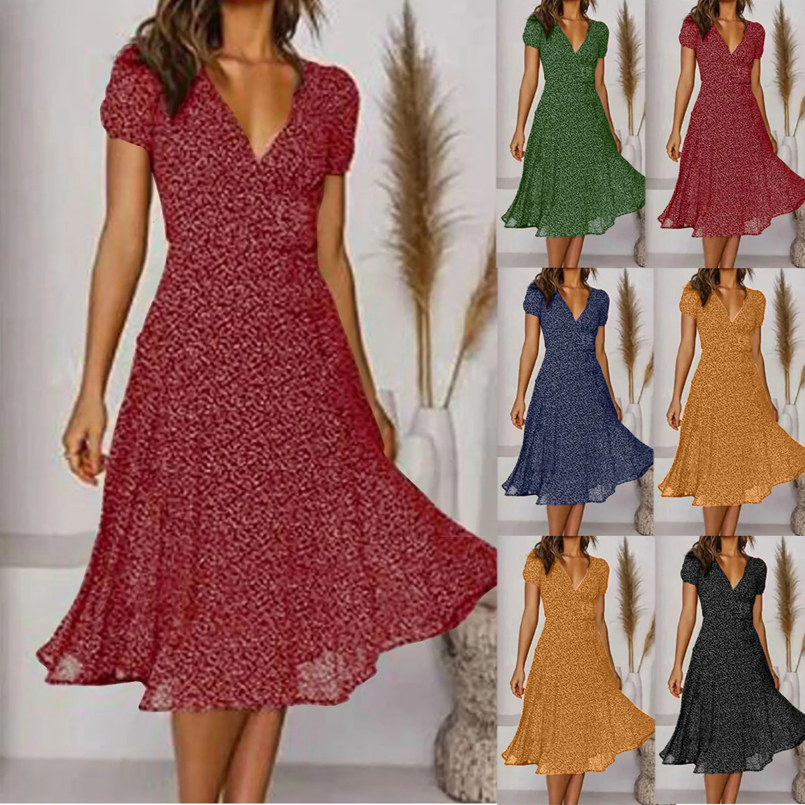 Summer Dresses Ladies Fashion Vintage Polka Dot Print Short Sleeve Dress Casual V Neck High Waisted Chiffon Long Dresses 240808