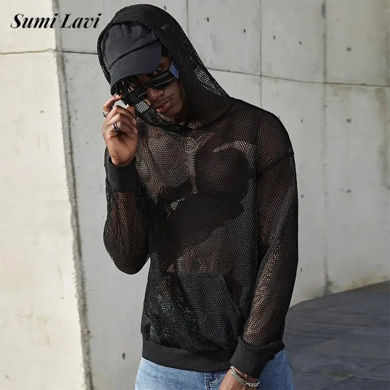 Fashionable mens see through mesh hoodie hollow transparent sexy Tshirt autumn fashion long sleeved zipper 240829
