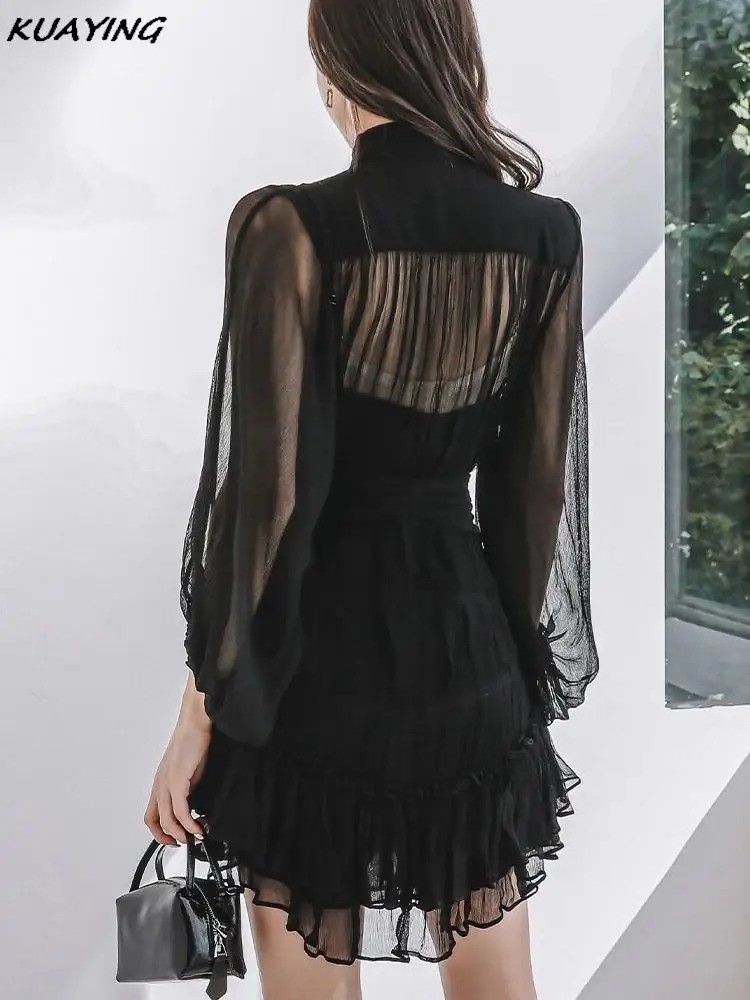 Solid Chiffon Lantern Sleeve Casual Party Mini Dress C260312