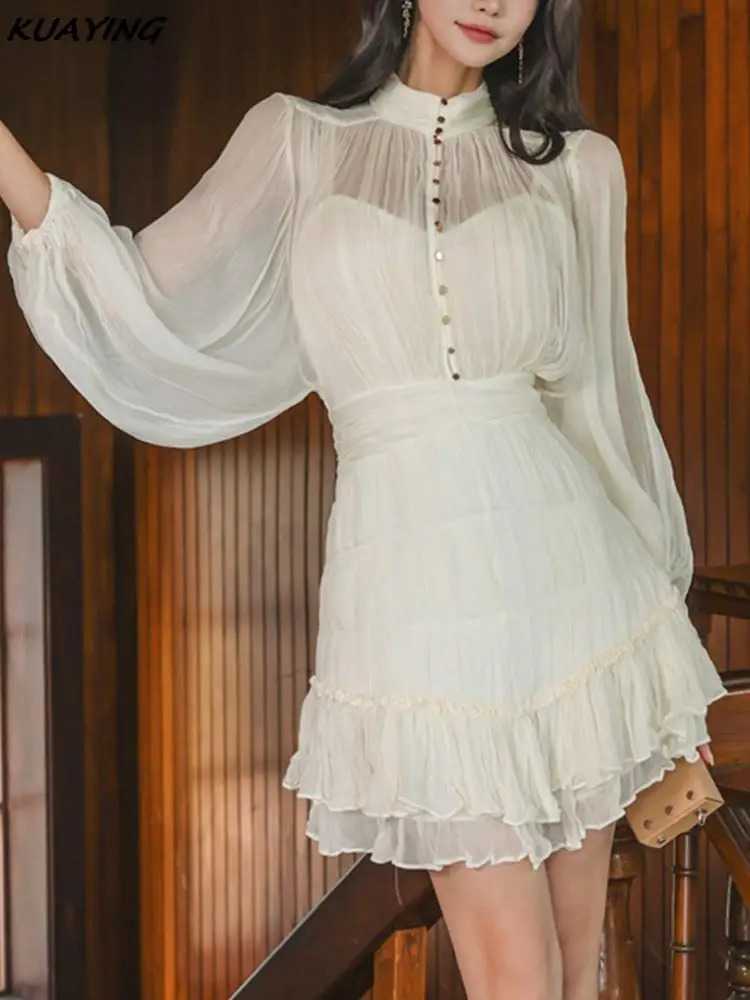 Solid Chiffon Lantern Sleeve Casual Party Mini Dress C260312