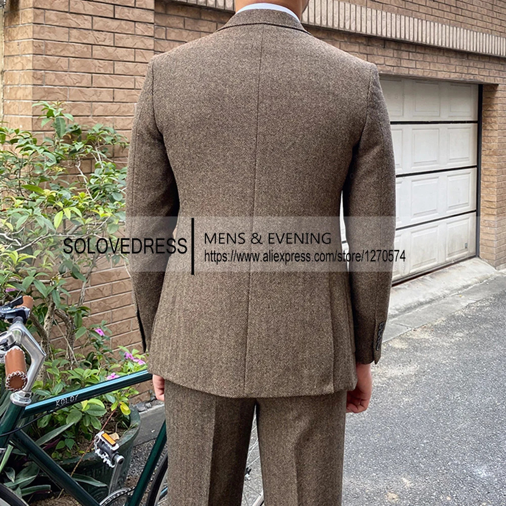 Herringbone Tweed Men's 3-Piece Business Slim Fit Suits For Groomsmen Wedding