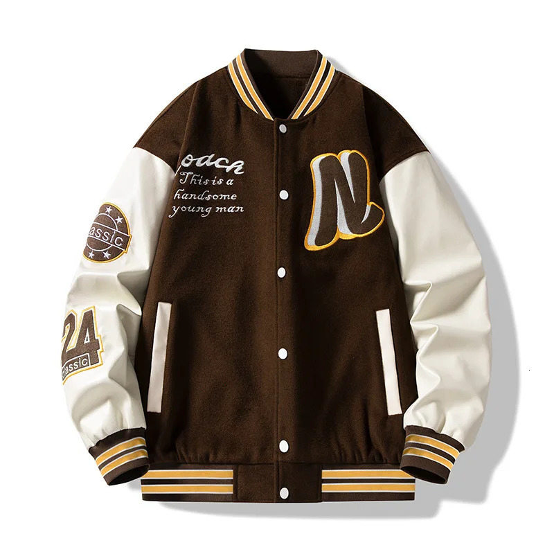 Male college student baseball bomber jacket hiphop Harajuku bone letter patch work leather street clothing female unisex 240827