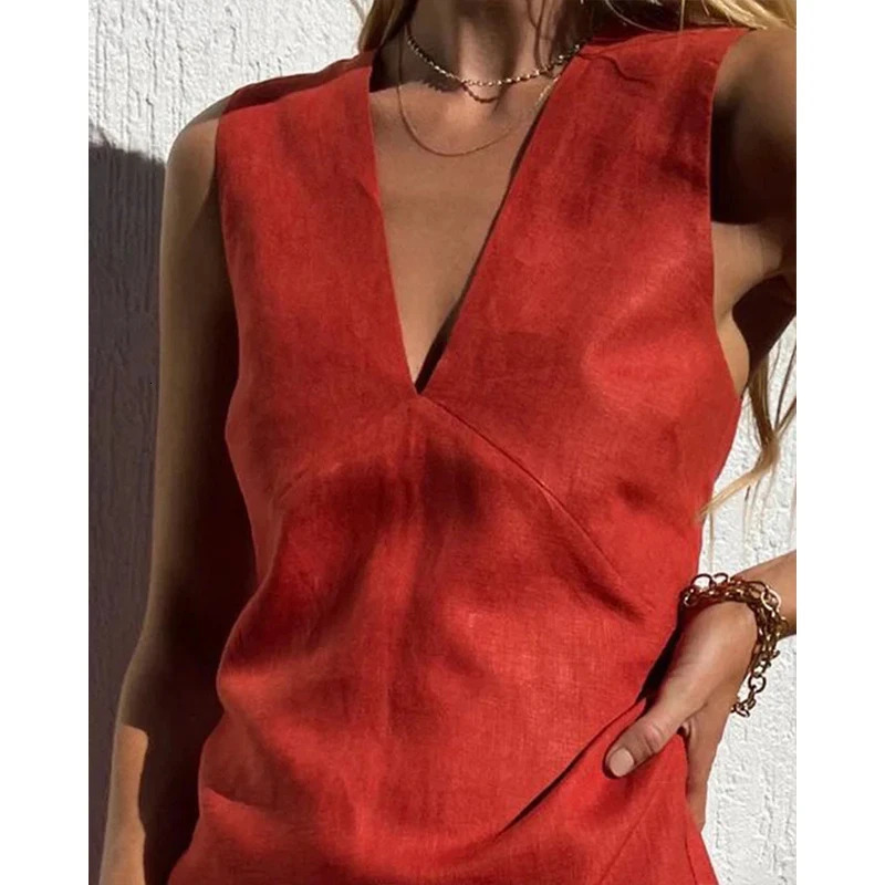 Vintage Linen Womens Dress Summer 2024 Sexy V-neck Short Beach Streetwear Dresses Mini Female Clothing Sundress Vestido 240808