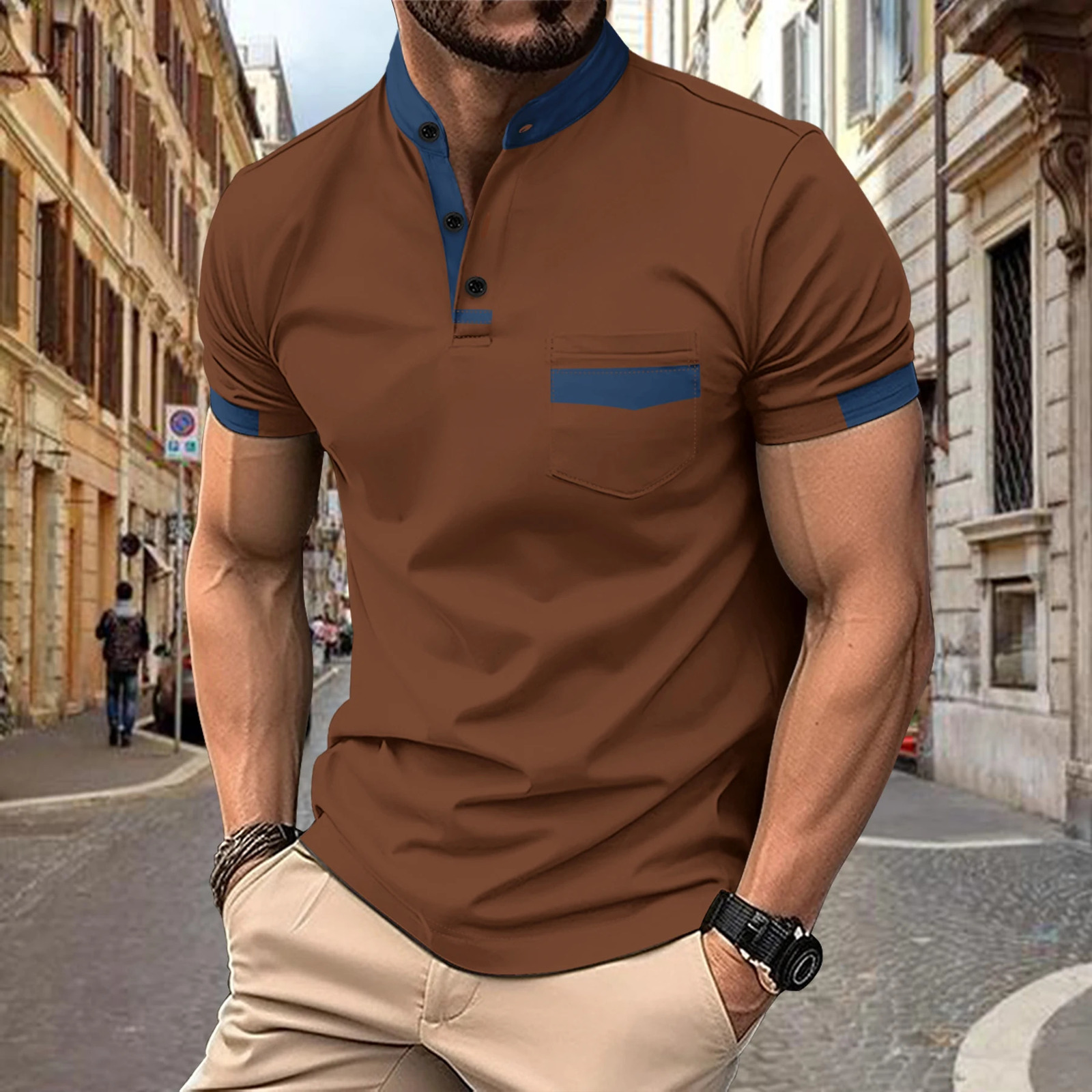European and American mens polo shirt travel casual short sleeved stand up collar color matching 240828