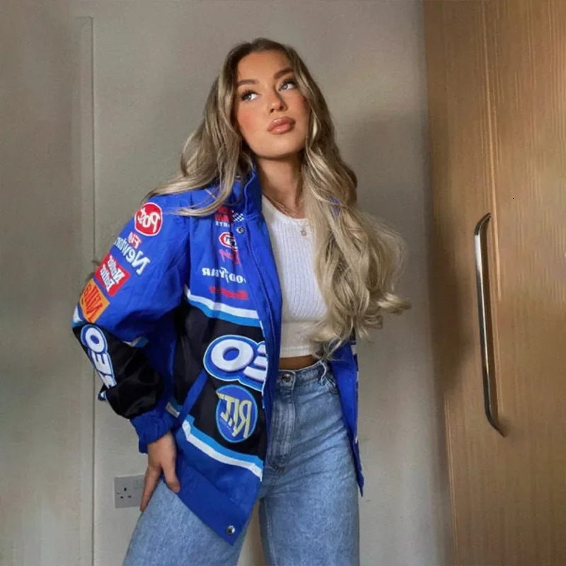 Autumn Varsity Jacket Long Sleeve Motorcycle Jacket Racing Baseball Jacket Women Y2k Printed Casual Loose Coat Single-breasted 240808