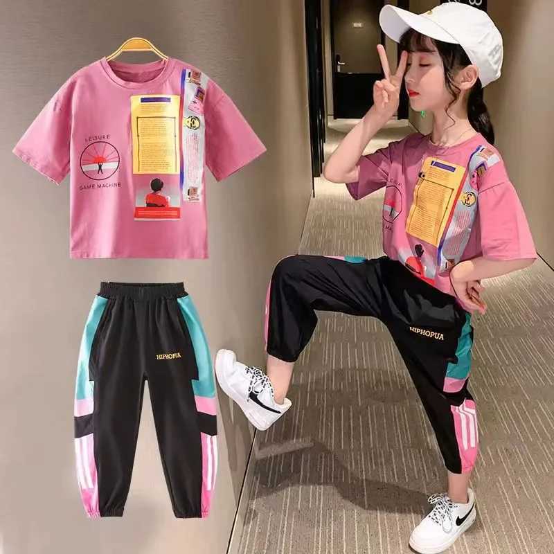 Clothing Sets Girls Summer Short Sleeve Shirts+Full Length Pants 2pcs Sets Baby Boys Girls Teen Sports Suits 4 6 8 10 12 Year Kids ClothesL488