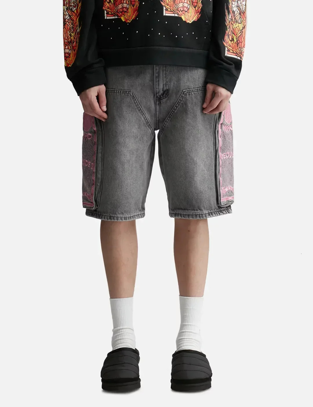 Retro slanted side pockets men denim shorts insY2k fashionable loose streetwear and women hiphop basketball pants y240814