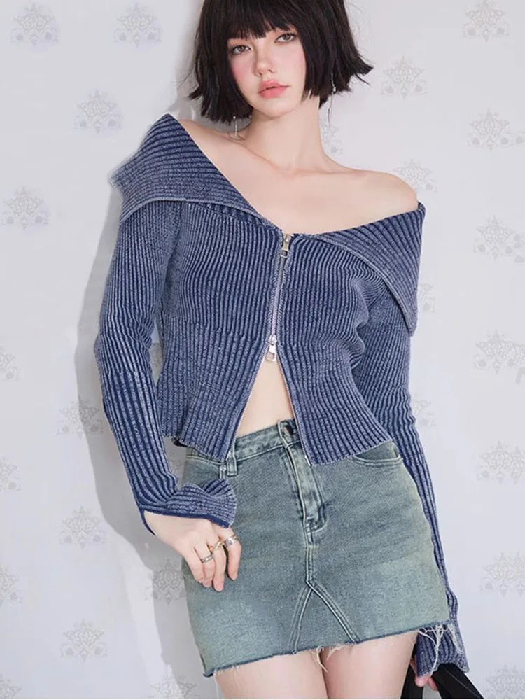 Autumn Y2K Knitted Women Cardigan Sweater Wrist Sleeve Slim Turn-Down Up Collar Double Zippers Female Crop Top C-192 240808