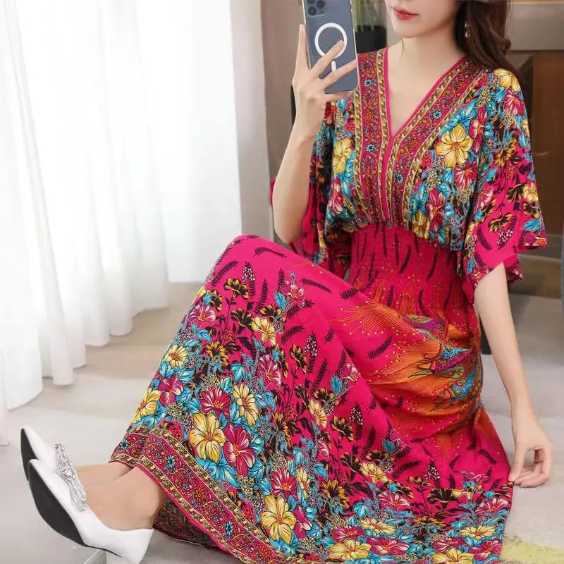 V-neck Large Skirt Hem Casual Sweet Holiday Long Dress Bat Sleeves Elastic Waist Bohemian Print Floral Elegant Dresse For Women 240808