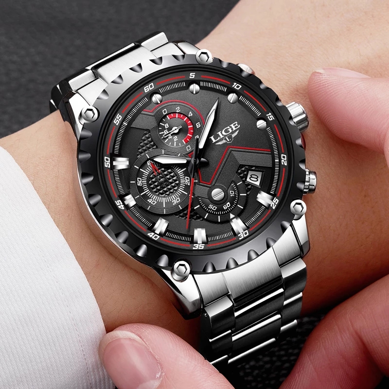 LIGE Fashion Mens Watches Top Luxury Brand Full Stainless Steel Waterproof Quartz Watch Men Chronograph Clock Relogio Masculino