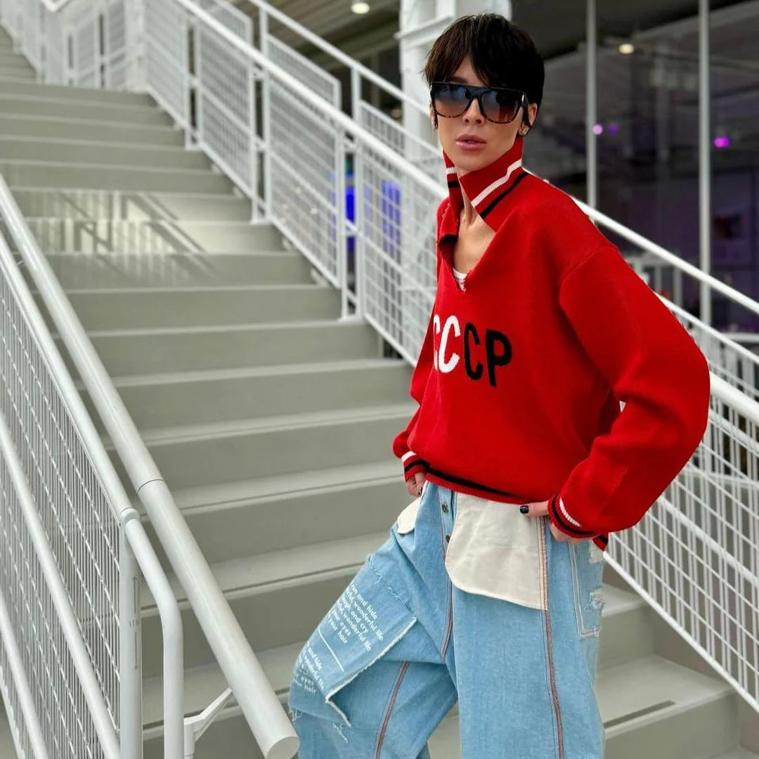 Spring Autumn V-neck Sweater Women Contrast Letter Street Tops Loose Casual Pullovers Long-sleeved Knitted Women Sweater 240808